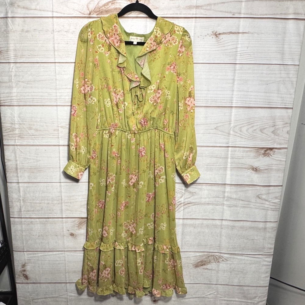 Penelope Rose Green Floral Ruffle Midi Dress Long Sleeve Elastic Waist Large